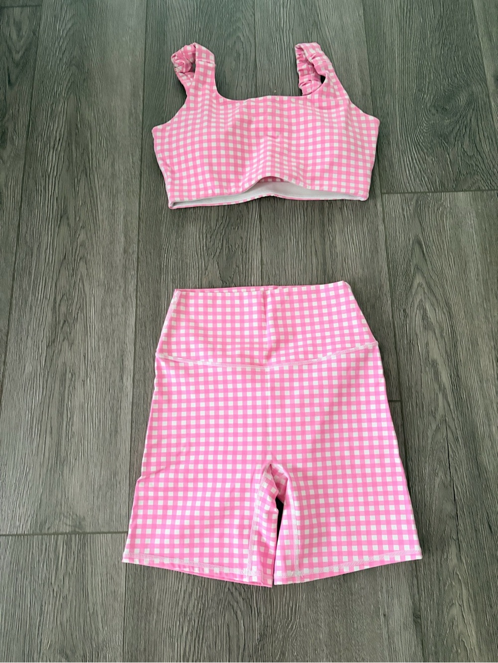 LIKE NEW ASTORIA ACTIVEWEAR Pink Gingham Sports Bra & High-Waist Bike Shorts Set